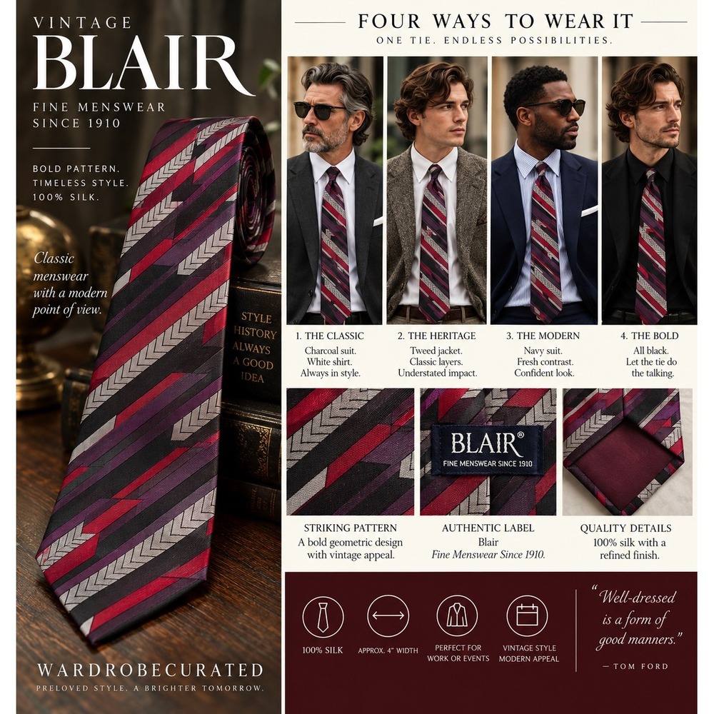 Vintage Blair Mens Silk Tie Geometric Chevron Stripe Burgundy Plum Grey 4 Inch